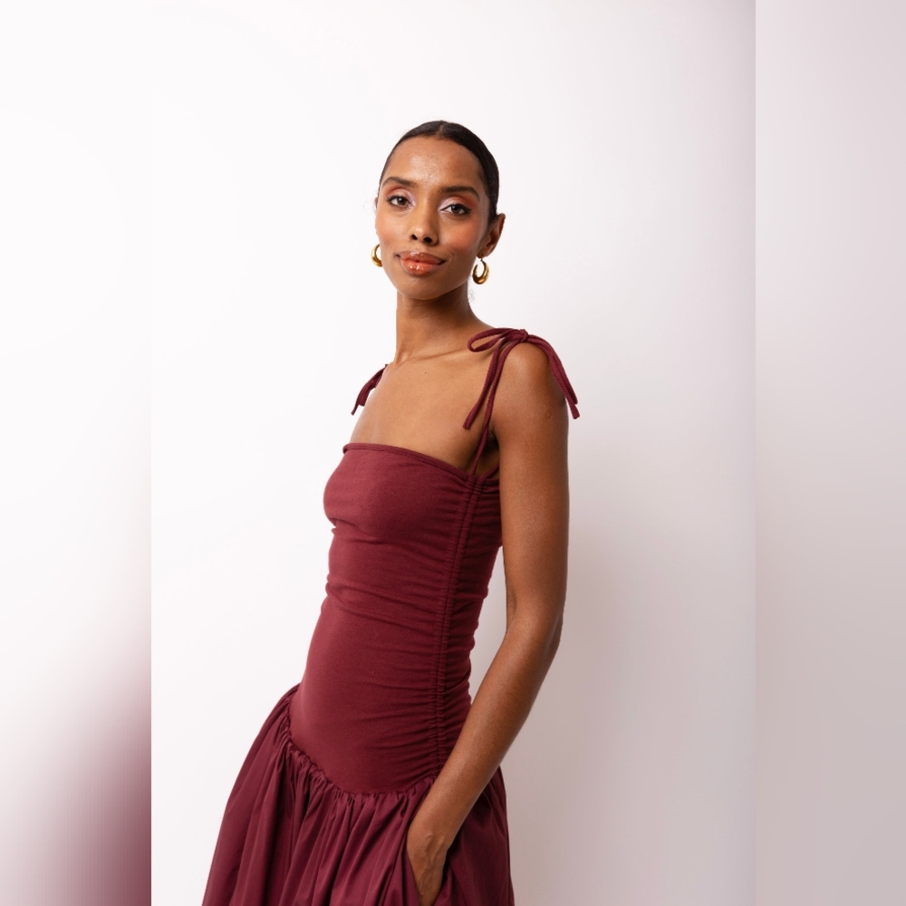 Amylynn Alexa Burgundy Puffball Dress 4US drop waist ruched dress - Picture 2 of 13